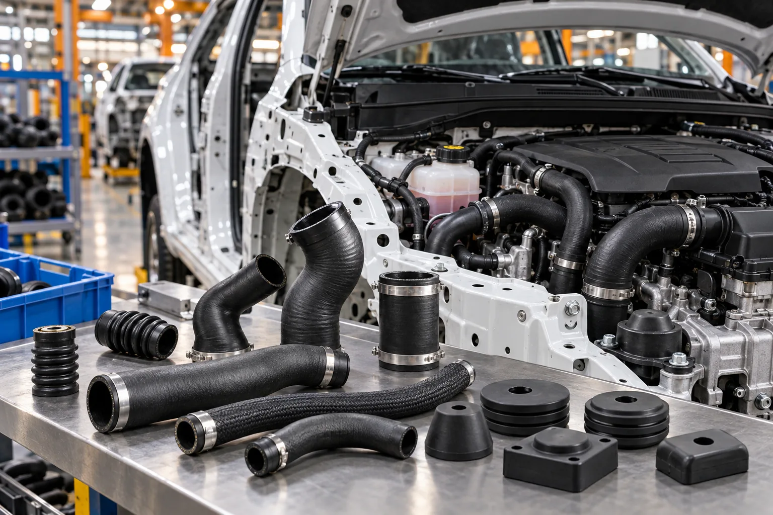 Automotive rubber hoses and isolation components in an assembly environment
