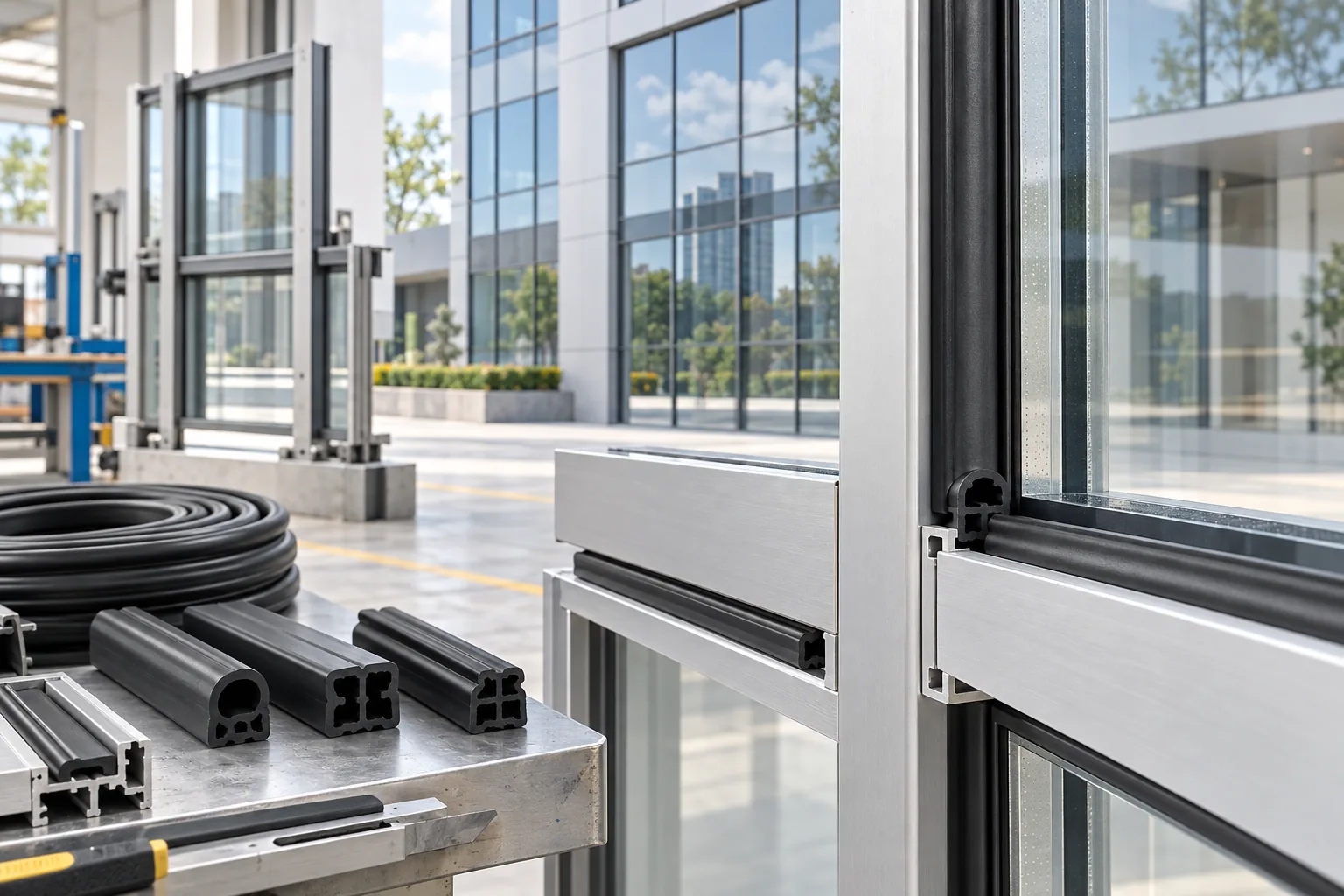 EPDM sealing profiles installed in aluminum window and facade framing