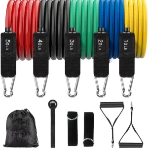 11 Piece Fitness Exercise Bands Set Pull Rope Resistance Bands with Rubber Tube Home Gym Workout Essentials