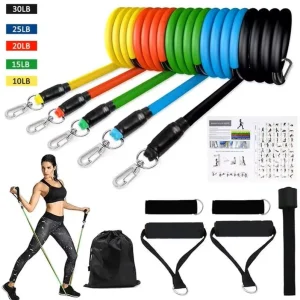 11pcs TPE Resistance Band Set 5 Colors High Elastic 10-30lbs Strength Exercise Bands for Bodybuilding Workout