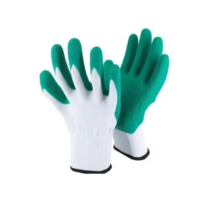 13 Gauge Light Green Latex Glove Polyester Knit Women Garden Work Crinkle Straight Cuff 7oz Thickness Safety Gloves