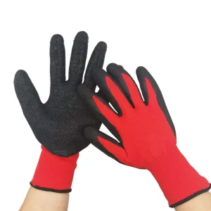13G Red Polyester Nylon Knit Work Gloves Anti Slip Dipped Rubber Crinkle Wrinkle Latex Coated Construction Building Gloves