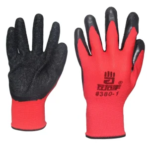 13G Red Yarn Black Latex Crinkle Gloves Flat Dipped Anti Slip for Industrial Construction Labor Protection