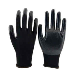 13Gauge Black Polyester Palm Coated Smooth Nitrile Gloves Anti slip And Oil Resistant For Mechanical Processing