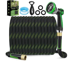 25 FT Expandable Garden Hose with Turbo Shot Nozzle Easy On/Off Valve Kink-Free Leak-Proof