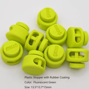 3.5mm Double Hole Fluorescent Green Rubber Coating Plastic Cord Lock Elastic Cord End Stopper Toggle with Custom Logo
