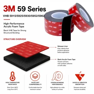3M 5952 VHB Adhesive Foam Tape Black Acrylic Double Sided Tape for Automotive Trim Metal Plastic High Bonding Strength