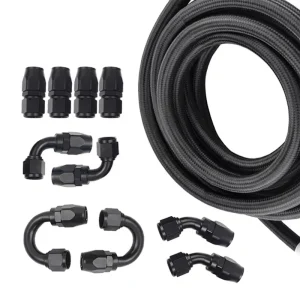 AN10 5M Rubber Tube Stainless Steel Braided Black Fuel Line Fitting Kit with 10 Pcs Swivel Hose Ends
