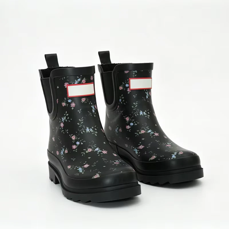 Ankle Height Rain Boots Black Floral Wide Foot Easy to Slip on Wellington Boots Rain Boots for Women