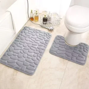 Bathroom Mat 40*60 Cm Polyester Area Rug with Anti slip Backing Fast Water Absorbance Cut Pile Technique Stone Design