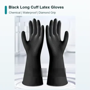 Black Long Cuff Latex Rubber Gloves Chemical Resistant Waterproof Diamond Grip Cleaning Work Gloves OEM