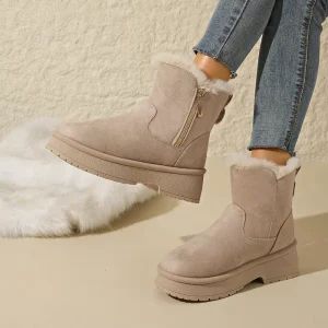 Botas De Neve Women’s Suede Plush Lined Thick Platform Slip on Winter Ankle Snow Boots with Side Zipper & Heel Pull Tab