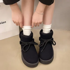 Botas De Nieve Women’s Suede Plush Lined Thick Sole Slip-on Platform Ankle Snow Boots Winter Shoes with Drawstring