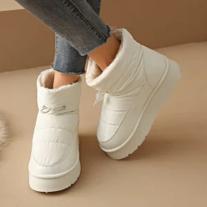 Bottes Fourrées Women’s Quilted Nylon Plush Lined Thick Platform Slip on Winter Ankle Snow Boots with Drawstring & Toggle