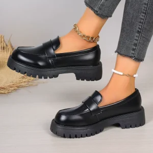 Cross-border Overseas-sourced Black British-style Minimalist Polyurethane Upper Loafers Thick Soles Spring-autumn Retro