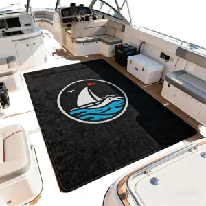 Custom Printed Black Logo Rug and Floor Mat for Yacht or Boat Interior, Anti-Skid