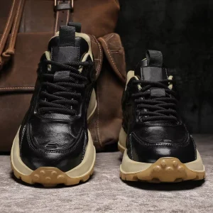 Custom Sneakers Design Shoes Men’s Retro Casual Running Black Shoes PU Leather Thick Sole Height Increasing Rubber Chunky Shoes