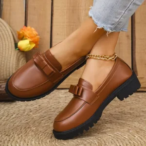 Foreign Trade Cross Border British Style Patent Leather Waterproof Platform Chunky Soled Bow Knot Slip On Plus Size Loafers