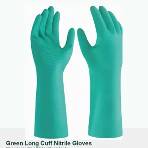 Green Long Cuff Nitrile Chemical Resistant Gloves Waterproof Oil Resistant Diamond Grip Flock Lined Rubber Work Gloves OEM ODM