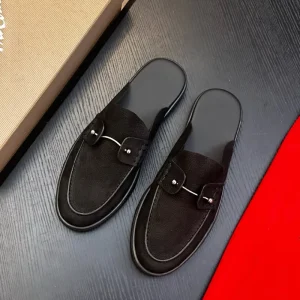 Italian Pure Original Men Suede Mule Loafers Hand Sewn Edge Flat Non Slip Rubber Sole Outdoor Vacation Backless Slip on Shoes