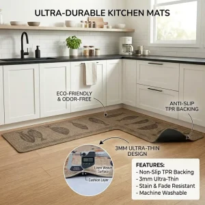 L Shaped Kitchen Floor Mat Non Slip Rubber Backing Linen Weave Surface 3mm Ultra Thin Washable Decorative Area Rug for Home