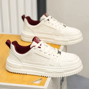 Mens Contrast Red Lining Leather Board Shoes Shock Absorbing Platform Sole Fashion All Match Casual Walking Trainers