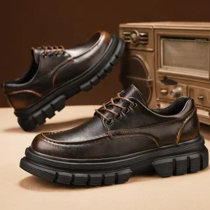 Men’s Leather Dress Shoes Walking Style Business Shoes Fashion Lace up British Style Thick Platform Causal Work Shoes