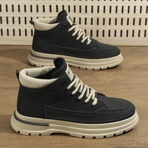 Men’s Solid Lace Up Boots Autumn British Style Retro High Top Work Shoes Trendy All-Match Thick-Soled Sports Casual