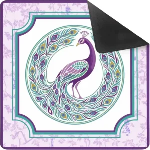 Peacock Feather Printed Mahjong Table Pad, Anti-Slip Purple Floral Design