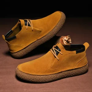 Retro High Top Casual Flat Skate Shoes Waterproof and Breathable Men’s Leather Shoes Non Slip Rubber Sole Walking Style Shoes