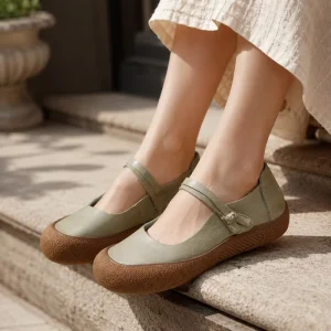 Stylish Beige Genuine Leather Mary Jane Flats with Durable Textured Sole Breathable Women Casual Shoes