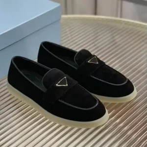 Velvet Slip on Loafers Women Triangle Metal Logo Flat Rubber Sole Fashion Daily Commute Premium Designer Casual Shoes