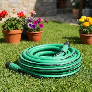 Weather-Resistant Garden Hose with Spray Nozzle for Outdoor Irrigation